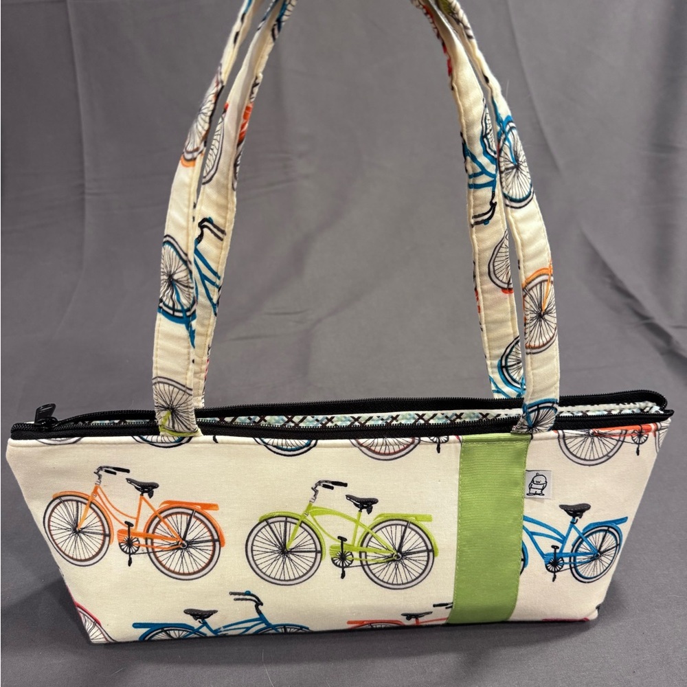 Long zippered tote, wine tote with bicycle print